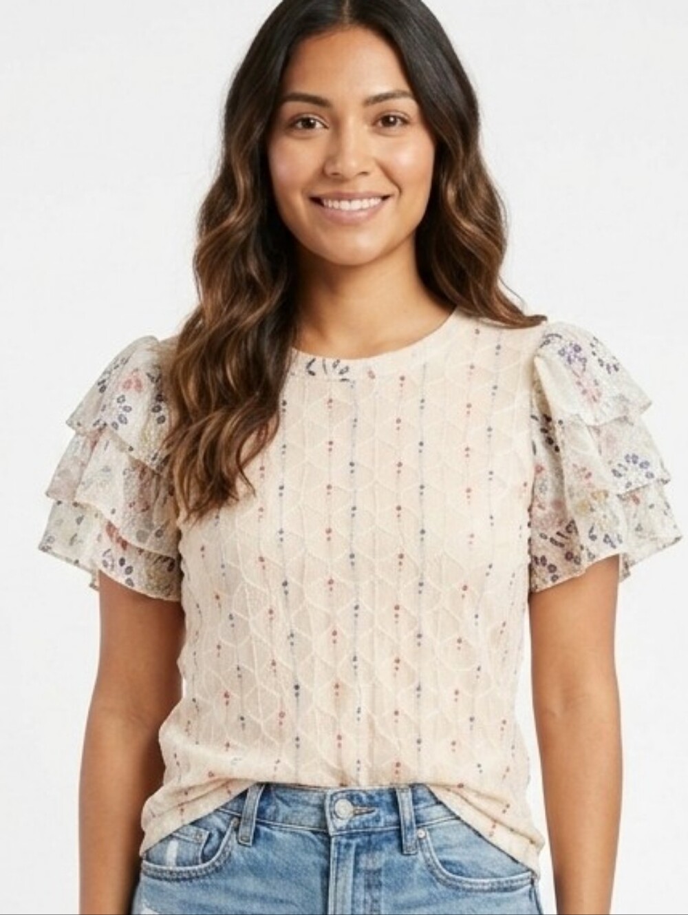 Women's Cream Floral Ruffle Sleeve Blouse